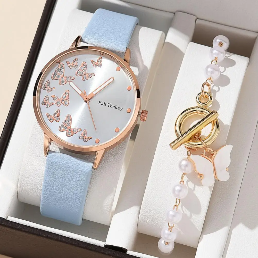 

Women Jewelry Exquisite Women's Watch Bracelet Set Quartz Timepiece with Butterfly Decor Rhinestone Accents Faux Pearl Detailing