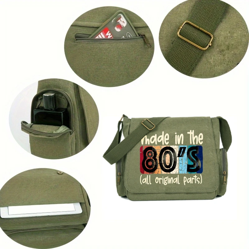 Retro Men's Bag Canvas Tote Messenger Bag 80s Print Large Capacity Shoulder Bag For Men Commuting Bag