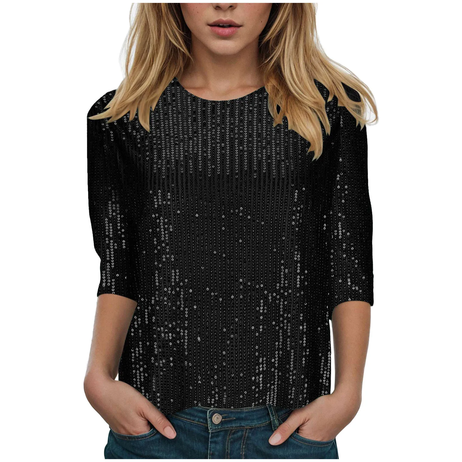 Woman wearing glitter sequin quarter sleeve T-shirt with round neck in a festive clubwear setting 04