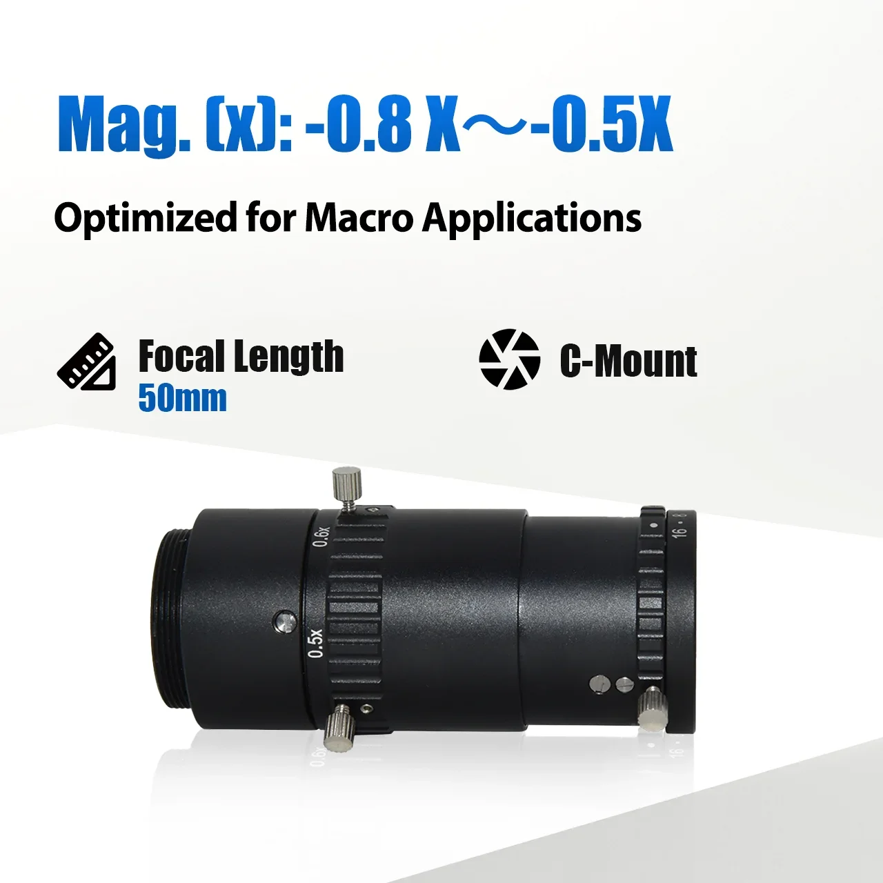 IMX183, IMX530/540, IMX531/541, IMX253/304 센서용 VisionDatum -0.8X -0.5x 50mm 광학 매크로 렌즈