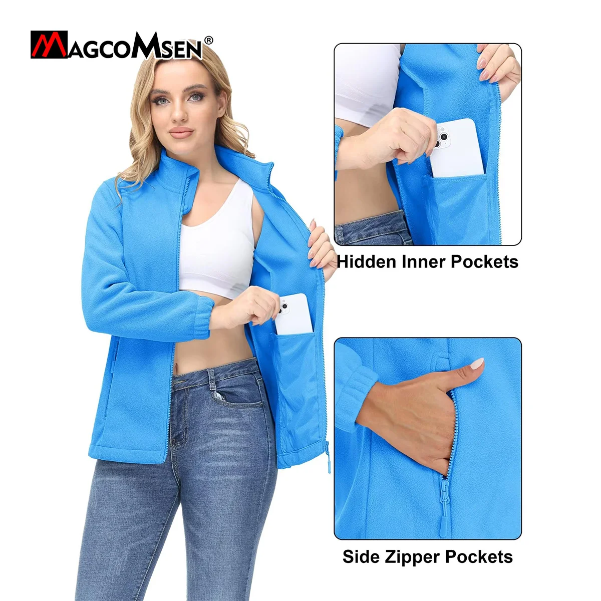 MAGCOMSEN 봄/가을 여성용 플리스 자켓 스탠드 칼라 하이킹 코트 핑크 윈드 브레이커 경량 작업 자켓 Ladies Outwear