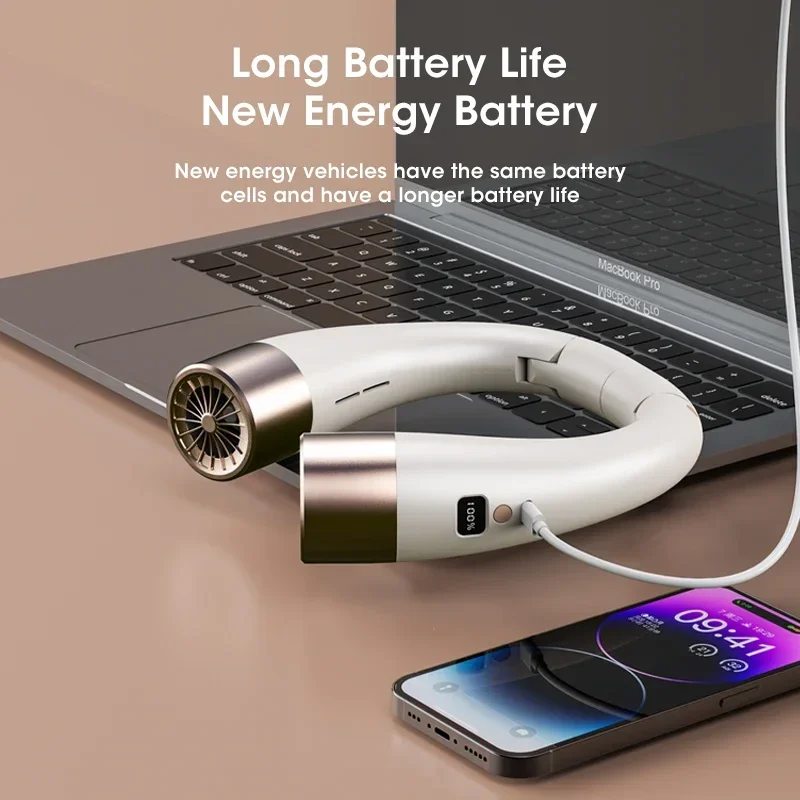 Portable Hands Free USB Rechargeable Neck Fan 5-Speed Mini Foldable Digital Display for Outdoor Travel Office