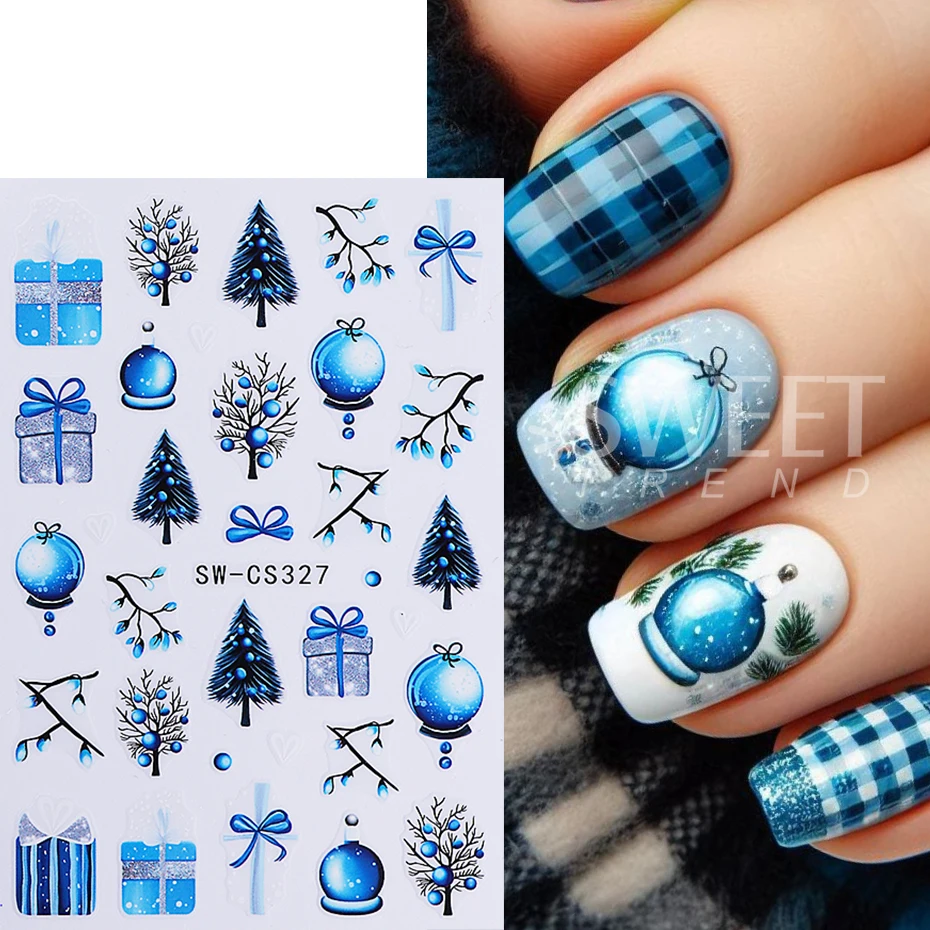 2pcs Christmas Nail Stickers Self-Adhesive Blue Xmas Tree Light Ball Bow Gift Nail Decals Sliders New Year Manicure Decoration
