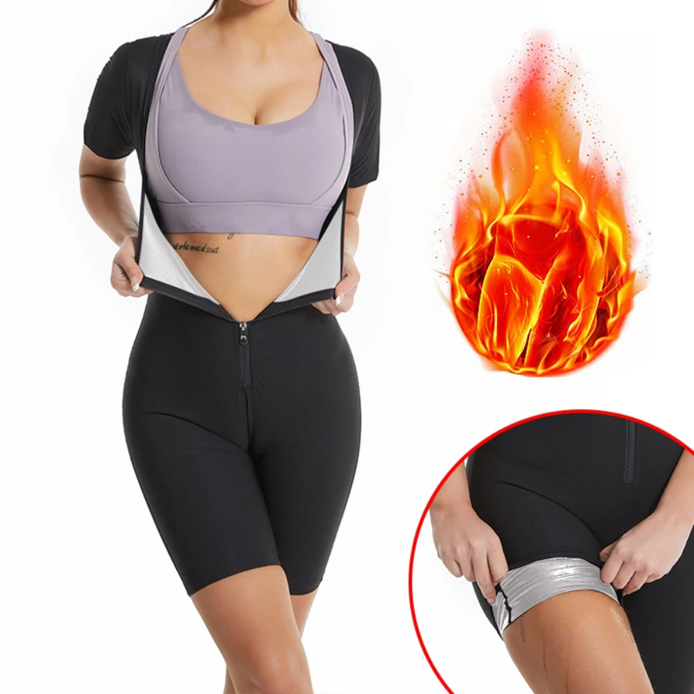 Sports Suit Home Sauna Suit for Women Sweat Vest Waist Trainer 3 in 1 Slimming Full Body Shaper Workout Fitness Top with Sleeve Shorts