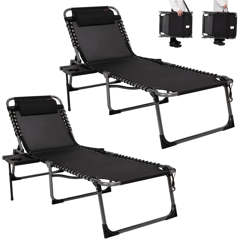 

Chaise Lounge Outdoor Adjustable Textilene Waterproof Patio Lounge Chair with Side Table Portable Camping Reclining Chair 2 Pack