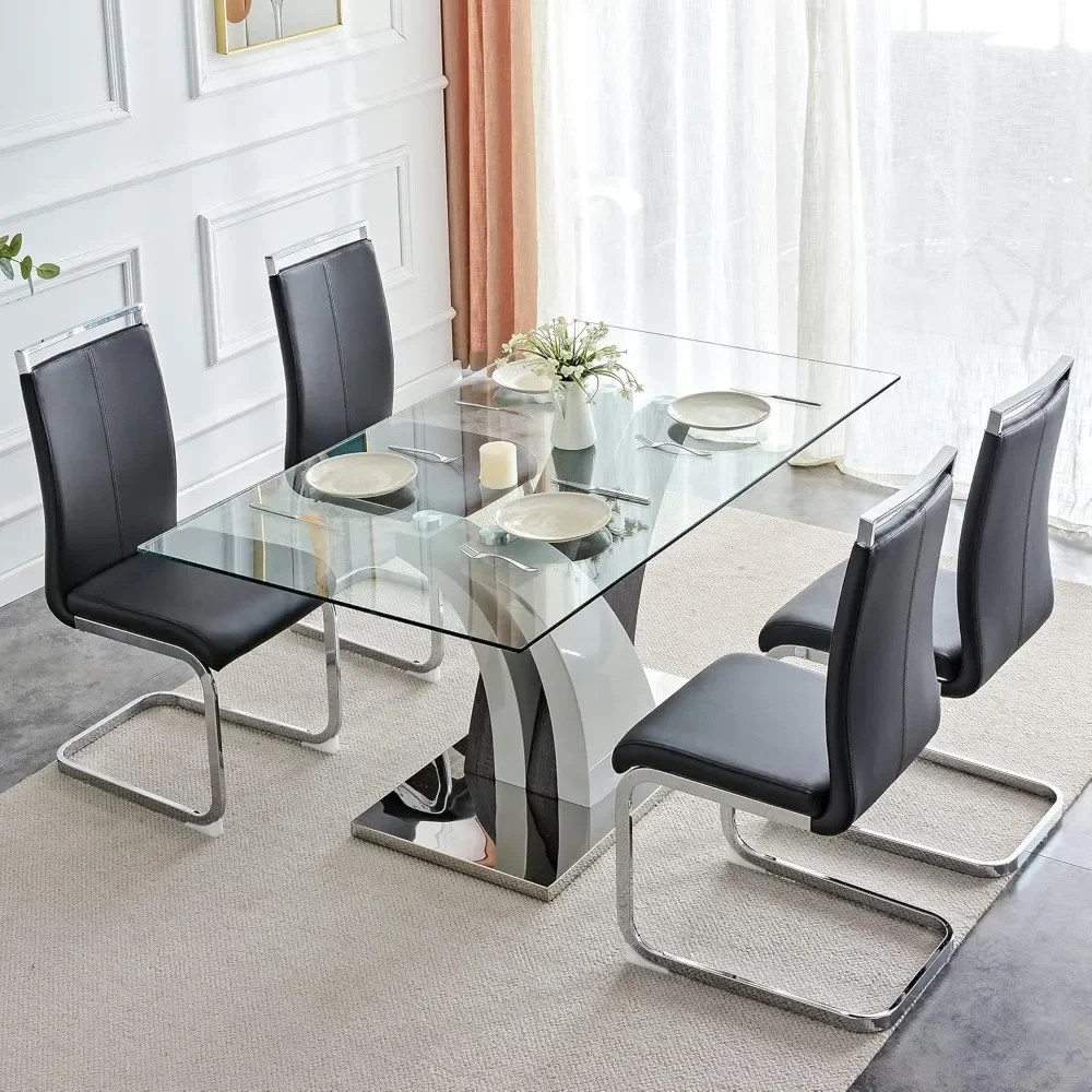 63 Inch Dining Table and Chairs dining table chair combination, Modern Dining Table with 4 Leather Chairs, Tempered Glass Top, Glass Dinings Tables Set