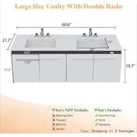 60" LED Floating Bathroom Double Vanity with Sink Combo, Modern High Gloss Wall Mounted Bathroom Storage Cabinet White 2