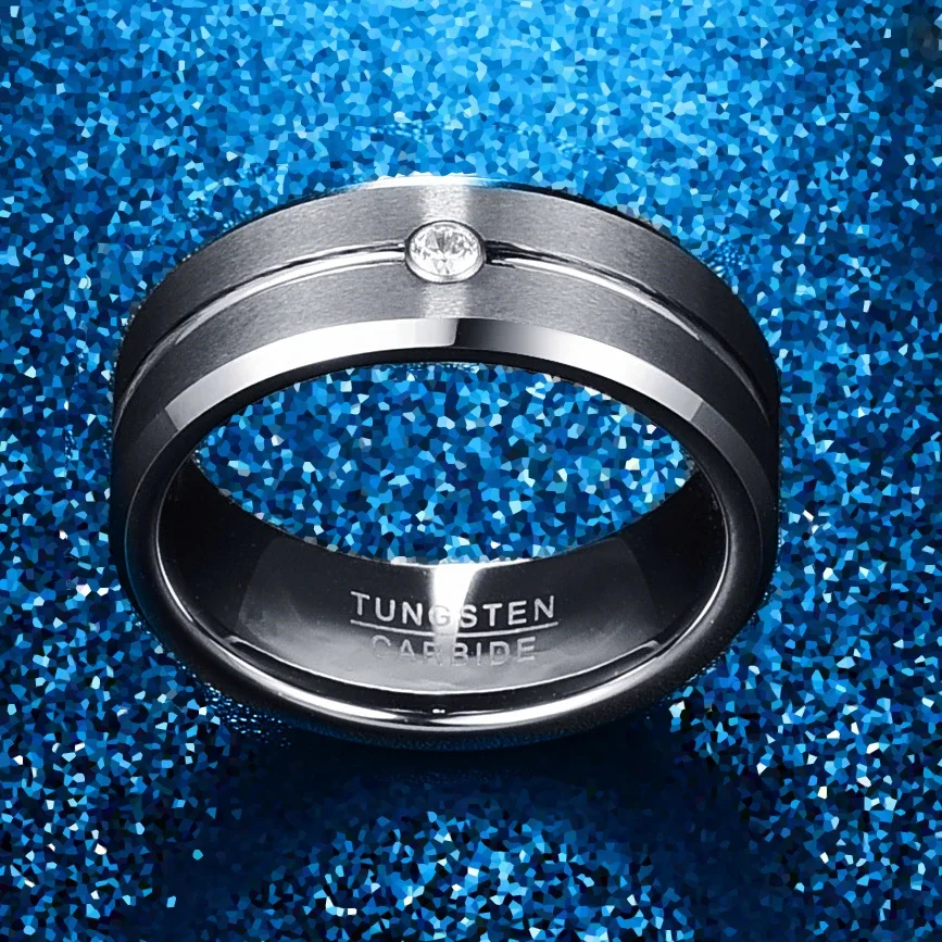 Nuncad Men's 8mm Tungsten Carbide Rings Cubic Zirconia Grooved Tungsten Wedding Band Rings Matte Finish Polished Beveled Edge 5
