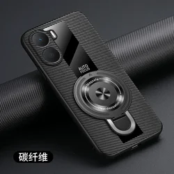 Luxury Silicone Leather Magnetic Ring Holder Shockproof Case for Poco X7 Pro (Carbon Fiber Pattern)
