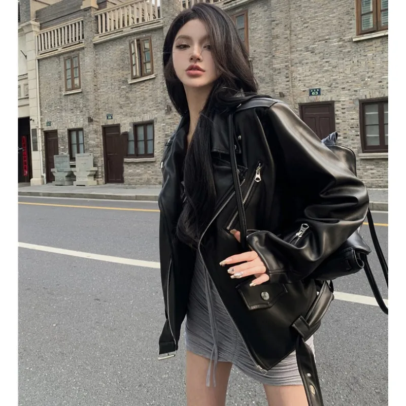 

2023 Jackets For Women Leather Coat Women's Loose Small Ruffian Motorcycle Top Black Free Shipping