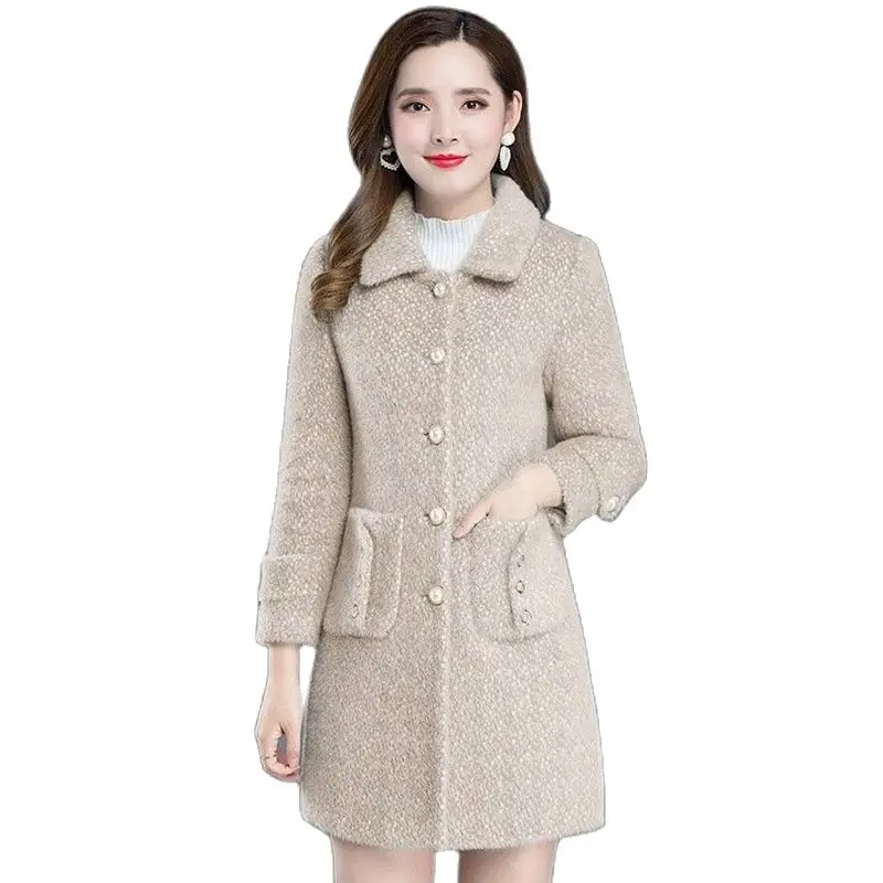 

Medium Long Women's Woolen Coat New Female Winter Jacket Thicken Keep Warm Imitation Gold Mink Wool Coats Mom Woolen Overcoat