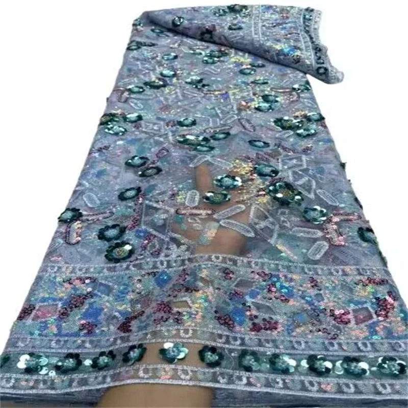 

African Tulle Lace Fabric green High Quality Lace Material French Nigerian Luxury Sequins Beads Lace Fabric For Wedding Sewing