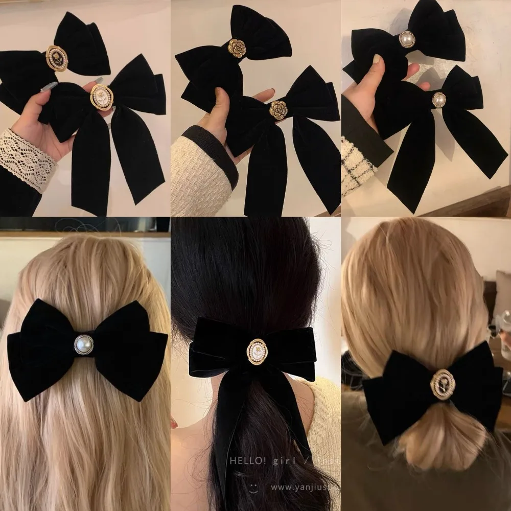 French Black Velvet Bow Hair Clip Camellia Retro Velvet Ribbon Hairpin Duckbill French Bow Tie Spring Clip High End Headdress