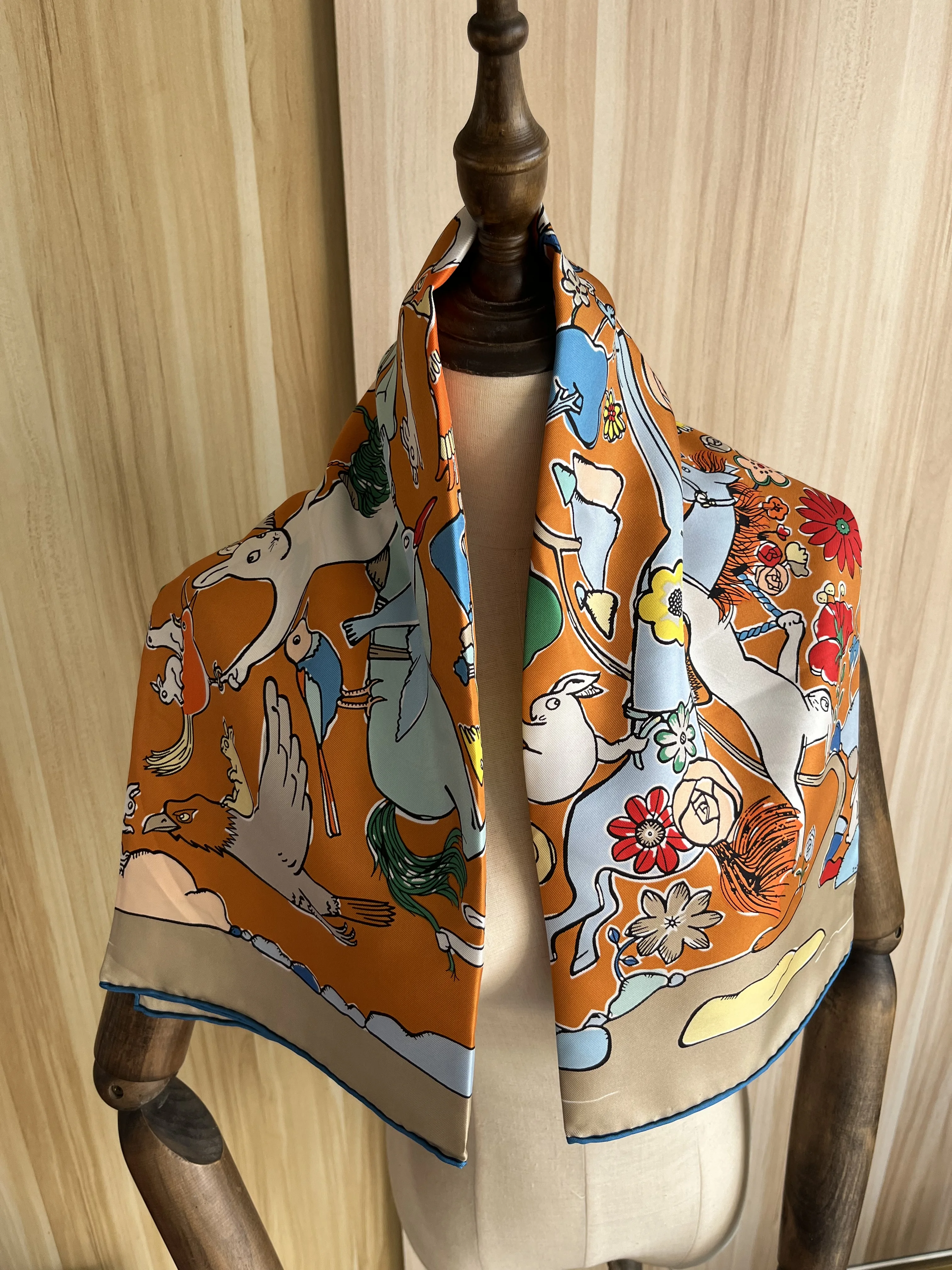 

2023 new arrival light orange 100% silk scarf 90*90 cm square shawl twill wrap for women lady hijab free shipping