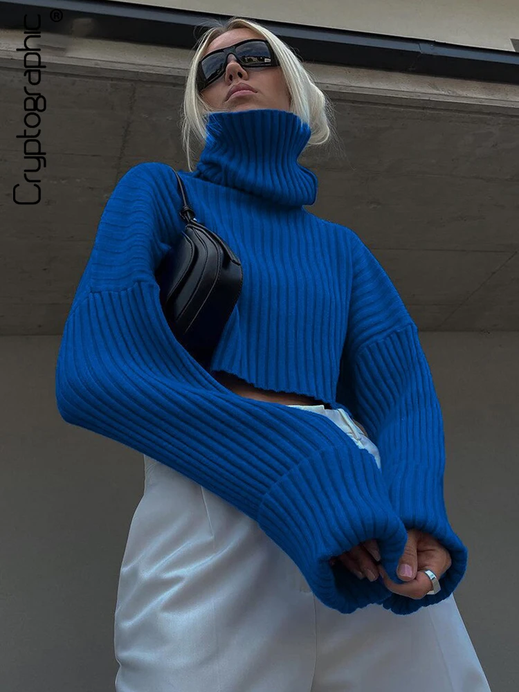 Cryptographic Winter Pullover Knitted Turtleneck Sweaters Tops for Women Flare Sleeve Warm Cropped Sweater Top Jumpers Clothes
