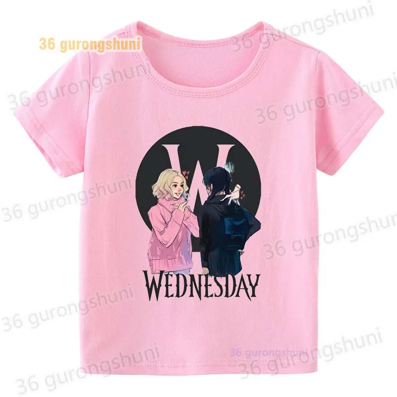 T-Shirt Per Bambini Per Ragazze Abbigliamento Divertente Venerdì Addams Kid Girl Clothes Bambini Tshirt Graphic Tee Kawaii Pink T-Shirt Wednesday Adda