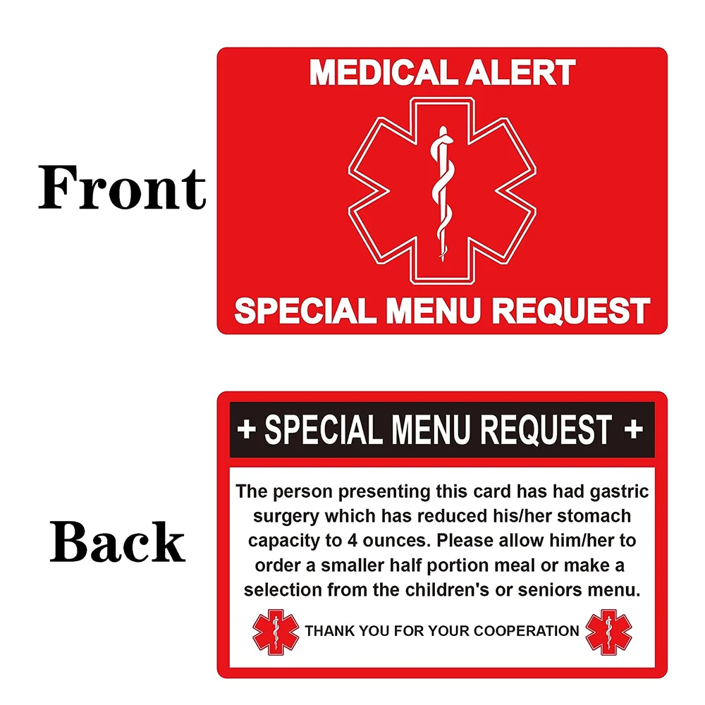 3*4 Inch Weight Loss Surgery (WLS) Card Red Bariatric Restaurant Card 2 Pack Special Menu Restaurant Request Plastic