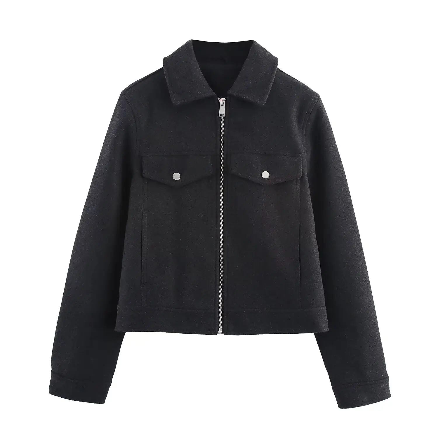 Women Jackets Streetwear Coat Autumn And Winter New Fashion Pocket Zipper Decoration Woman'S Solid Color Long Sleeves Short Coat