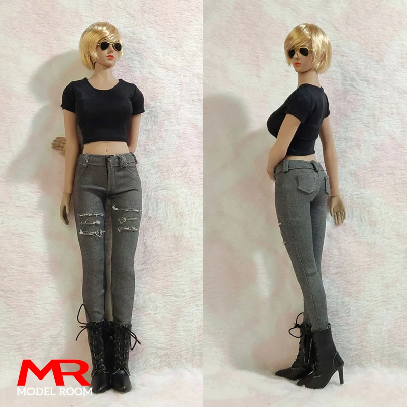 

Масштаб 1/6, женская черная футболка, узкие джинсы с дырками, модная одежда, модель, подходит для 12 дюймов, солдат, маленькие ноги, экшн-фигурки, куклы
