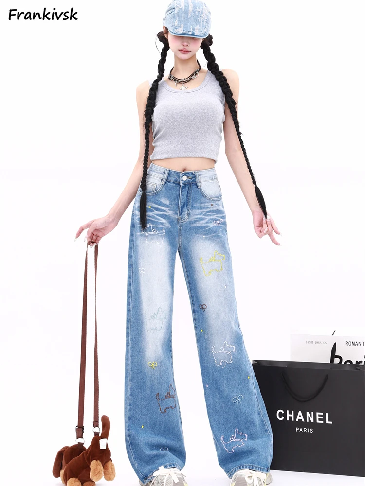 

Women Blue Jeans Vintage Cartoon Embroidery Cowboy Pants Harajuku Kawaii Japanese Style Sagging Sensation College Spring Chic