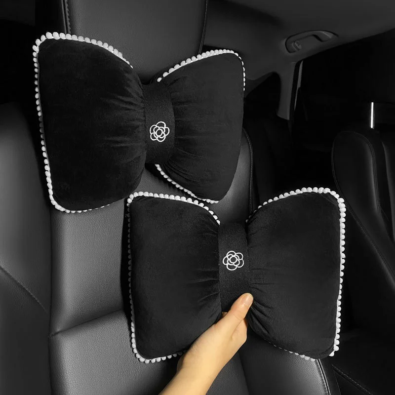 Car Seat Headrest Pillow Cute Bow Velvet Head Support Cushion Lumbar Pillow  Soft Ice Silk Breathable Detachable Car Accessories
