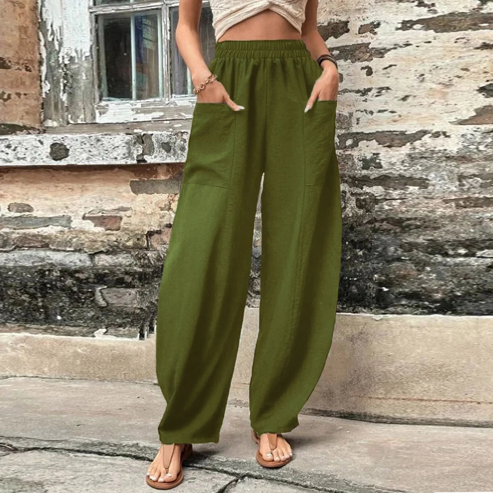

2023 New Plus Size Women's Solid Lantern Trousers Baggy Pants Big Pocket Elastic Waist Casual Haren Pants Oversize Sweatpants