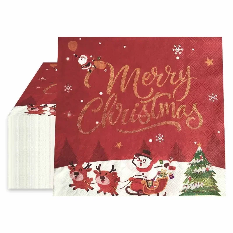 Christmas Party Decoration Paper Gold Merry Christmas Red Napkin Cartoon Elements Wine Glasses Flower Plate Napkin
