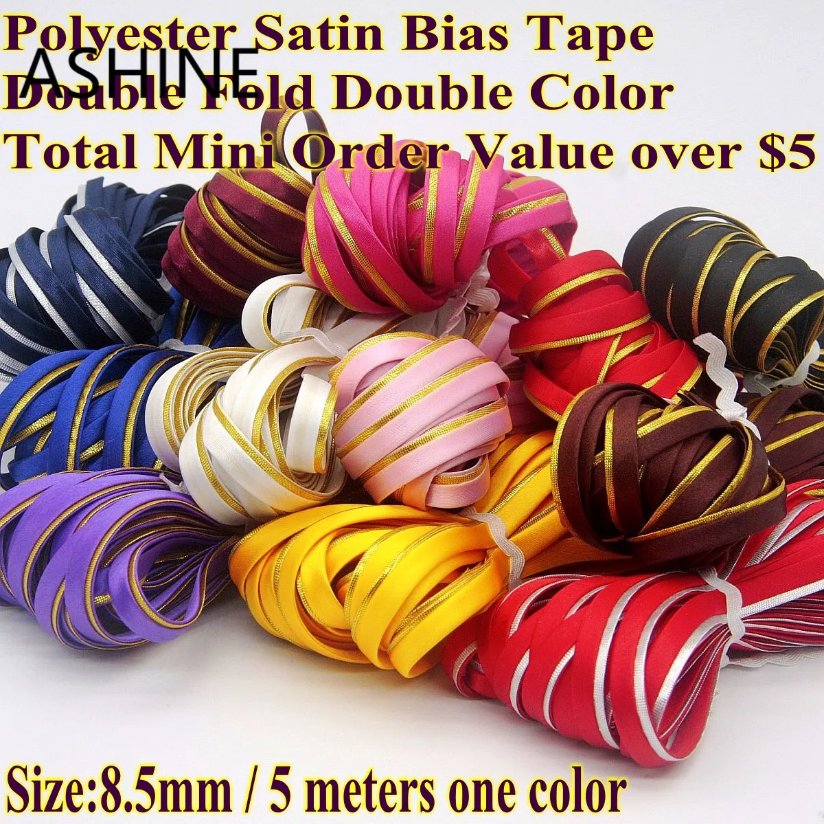 Various colours Satin Edge Polyester Bias / Binding Tape Folded in 8.5mm  Flange Piping Sewing Trim Ribbon DIY Material