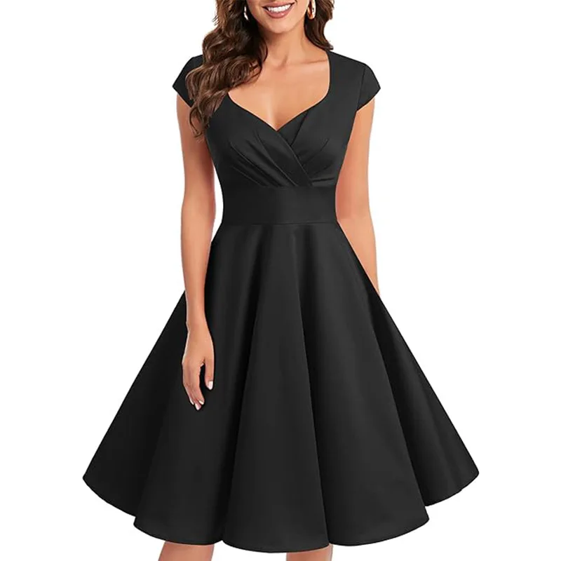 V Neck Cap Sleeves Satin Cocktail Dresses Knee Length Ruched A Line Short Prom Dresses Evening Formal Wedding Bridesmaid Gown
