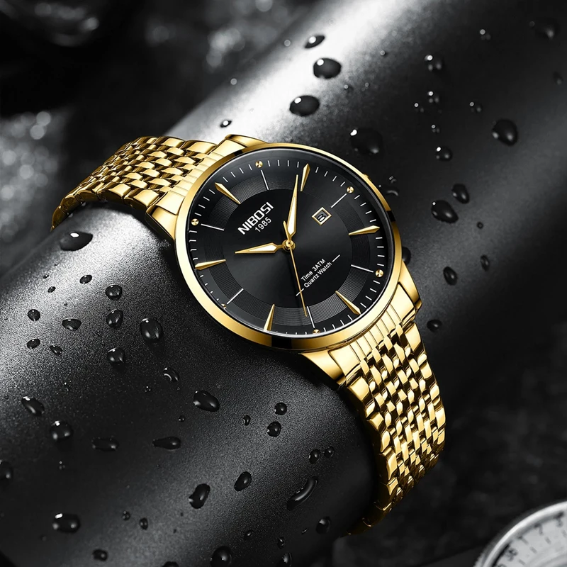 NIBOSI Mens Watches Top Brand Luxury Gold Black Quartz Watch for Men Stainless Steel Waterproof Date Business Men Wristwatches