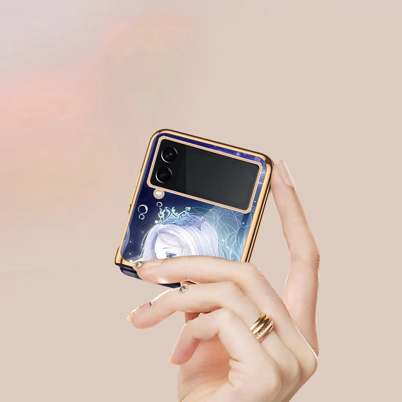 Z Flip 4 Funda Case for Samsung Galaxy Z Flip 4 3 2 1Dream Girl Plating Tempered Glass Coque Protection Phone Case Cover