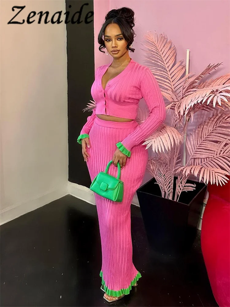 

Zenaide Autumn Winter Cardigans Tops And Maxi Bodycon Skirt 2 Piece Dress Set Ruffles Women Pink Party Sexy Co ord Clothing