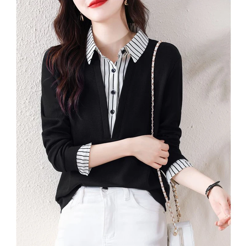 Korean Fashion Elegant Striped Print Patchwork Street Sweatshirt Women Casual Long Sleeve Slim Pullover Top Female Clothing 2023