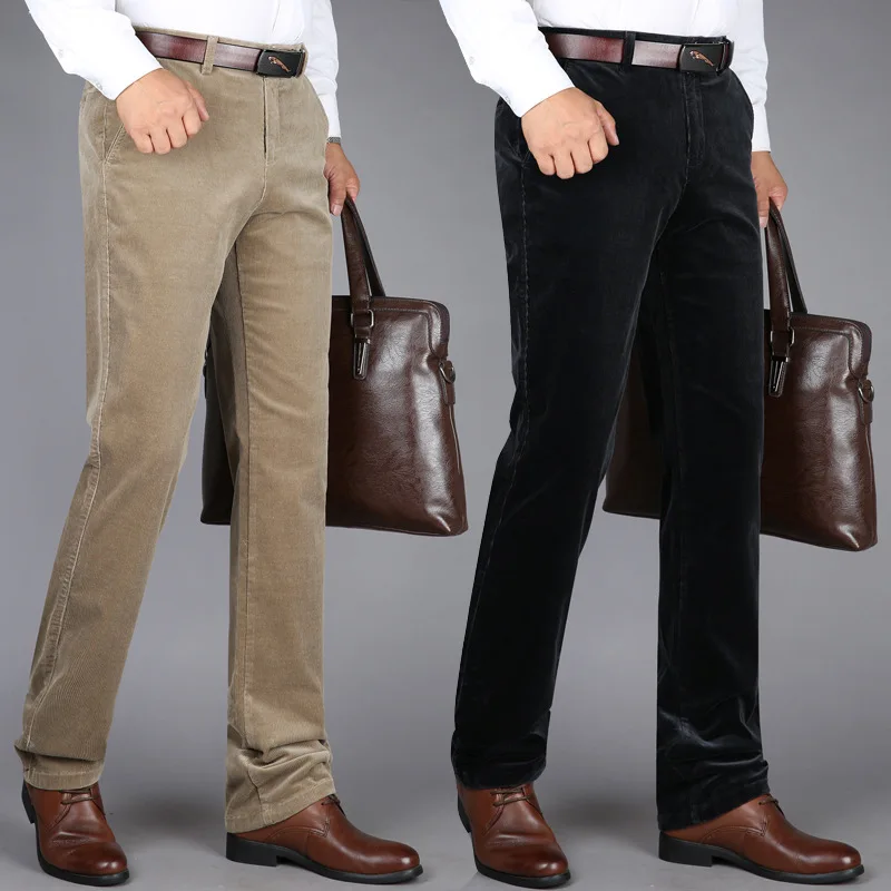 

Winter Fall Fashion Warm Men's Solid Color Retro Corduroy Pants Business Casual Dad's Vintage Thicken Premium Straight Trouser