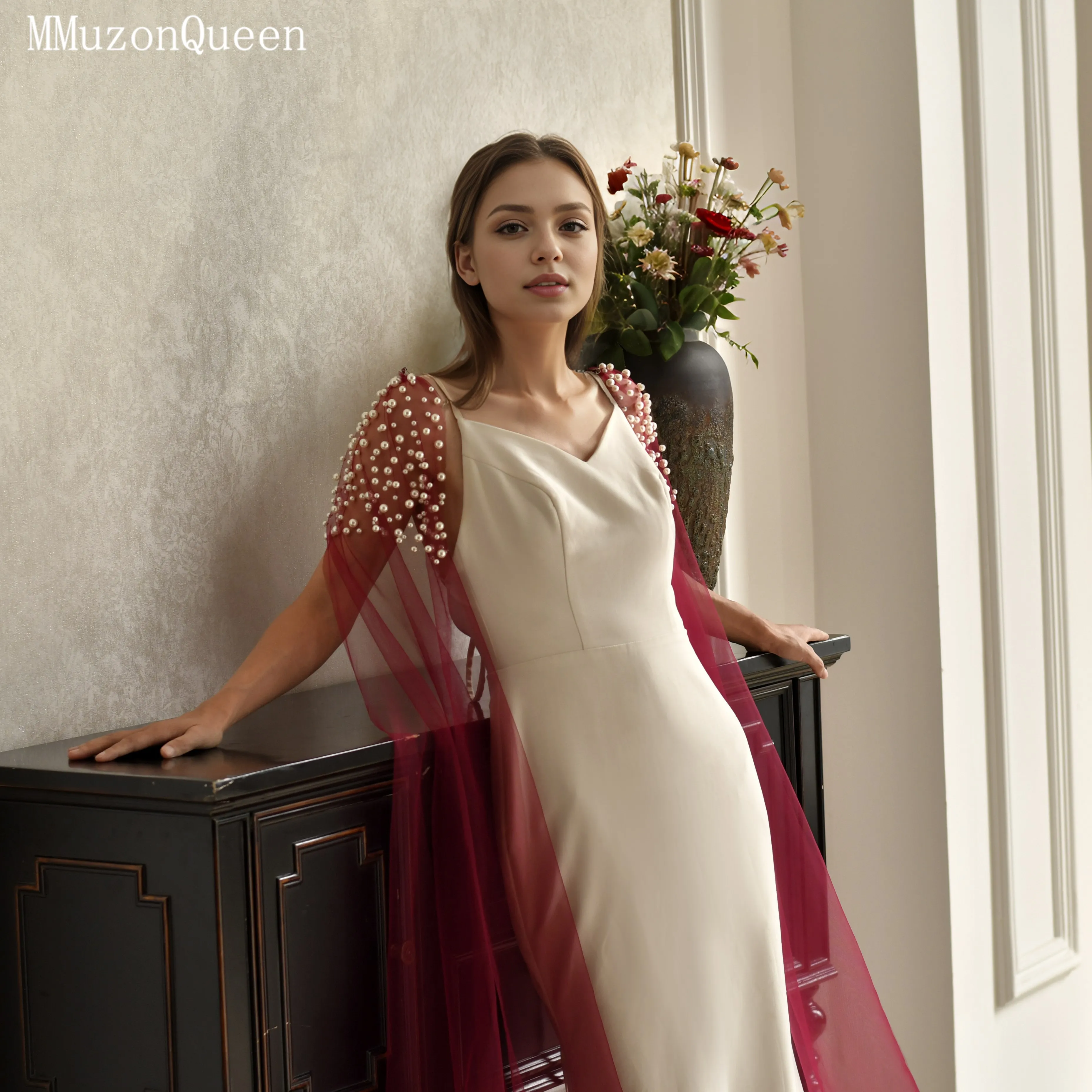 TOPQUEEN Luxuriöser Brautcape für Damen mit langer Schleppe und Perlenverzierung, einlagiger transparenter Netzschal MG42-L – Detail 27