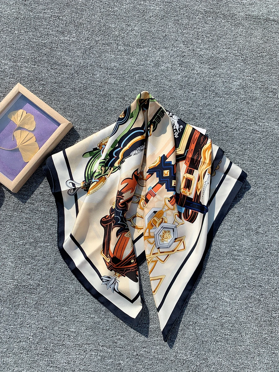 Scarf Luxury Brand 90x90cm Double Sided Printing Silk 100 Neckerchiefs Woman Hair Turban Headband For Girl