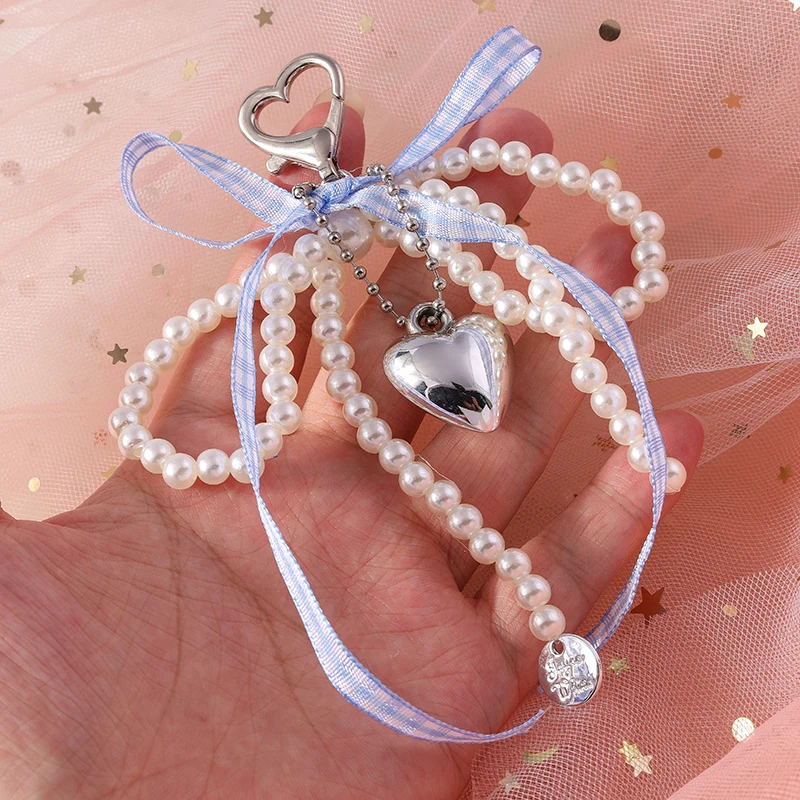 Aihua Y2K Gitterband-Schleife Perlen-Schlüsselanhänger Herz-Charm Schlüsselanhänger Taschenanhänger Eleganter Schmuck Geschenke
