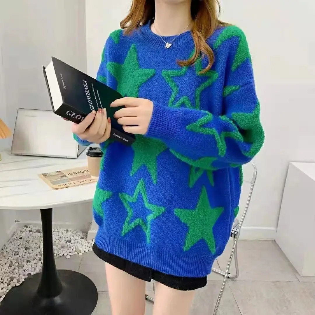 

Women's Sweaters and Pullovers Long Sleeved Knitted Loose Autumn Contrast Thick Fashion New X64