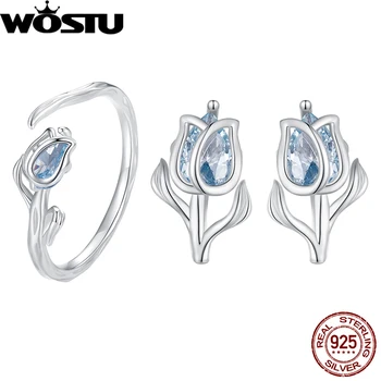 WOSTU New Arrival 925 Sterling Silver Tulip Earrings Opening Ring Set Spinel Ear Studs for Women Fine Jewelry Party Date Gift 1