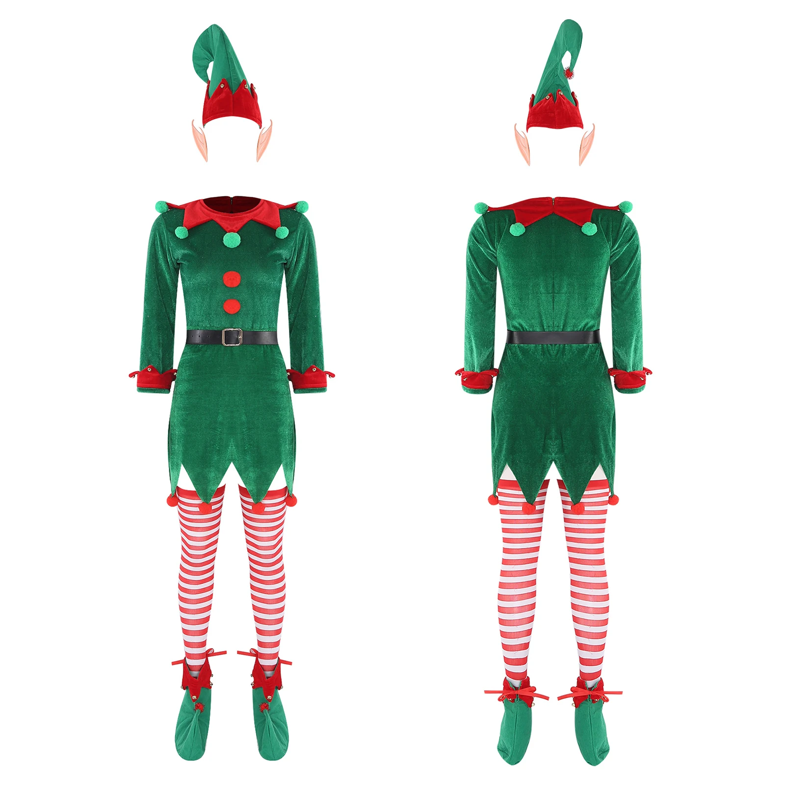 Womens Christmas Elves Elf Xmas Cosplay Costume Green Themed Party Performance Dress with Belt Hat Shoes Stockings And Elf Ears