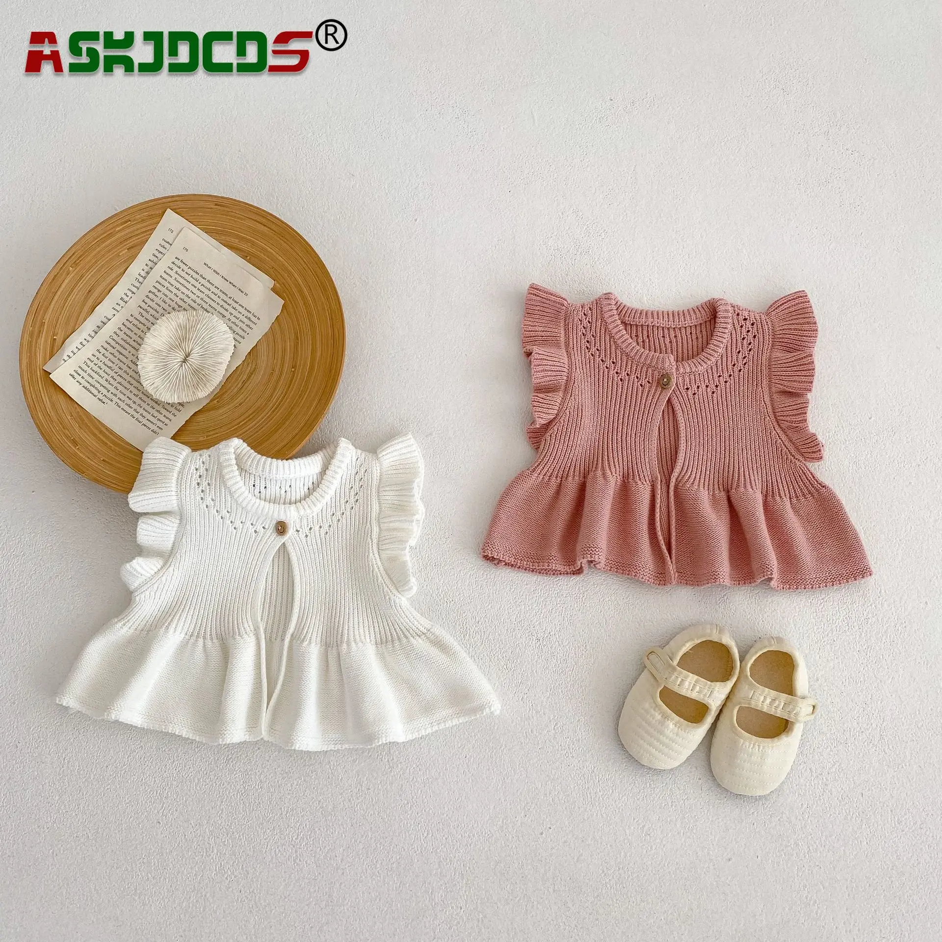 2023 New In Baby Girls Fly Sleeve Knitted Solid Color Outfits Newborn Infant Soft Top Cardigan Kids Hollow Out Vest Sweater 3pcs newborn summer casual outfits baby girls floral fly sleeve round neck bodysuit suspender skirts solid color headband