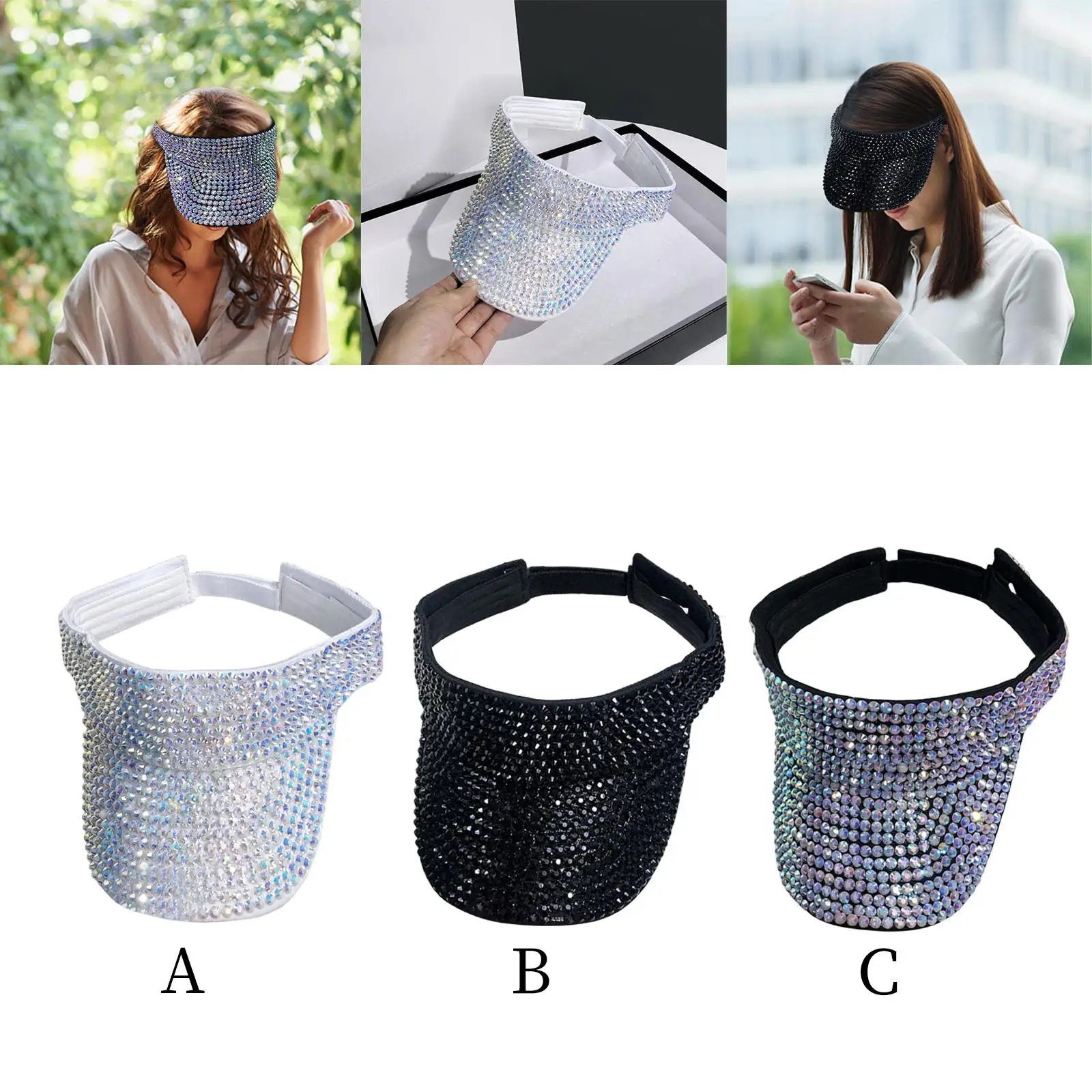 Shiny Bling Rhinestone Visor Sun Hat Adjustable Wide Brim Empty Top Glitter Hat for Golf Baseball
