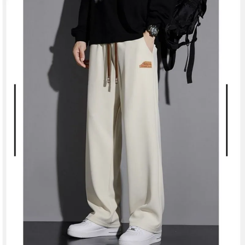 Minimalist and Trendy Spring Autumn American Style Men's Solid Color Elastic Waist Drawstring Loose Long Wide Leg Casual Pants