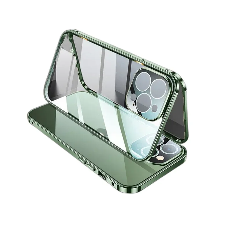 Magnetic Double-Sided Tempered Glass Full Body Case with Lens Protection and Metal Bumper Cover