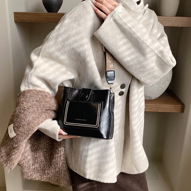 Vintage Simple PU Leather Bucket Crossbody Bags for Women Luxury Designer Handbagt Lady Black Shoulder Bag