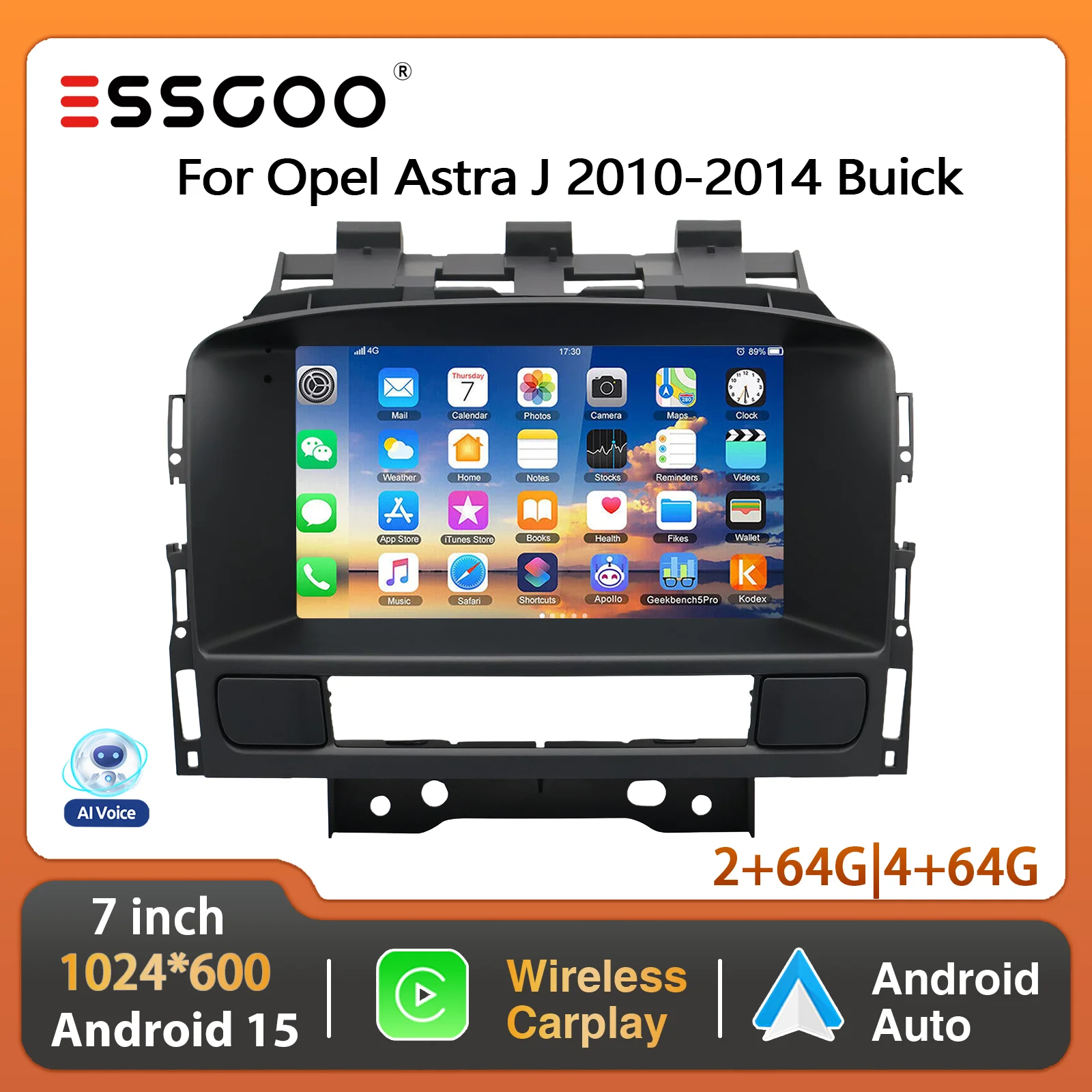 Radio Estéreo para Auto ESSGOO de 7 Pulgadas con Android 15 y 64 GB para Opel Astra J 2010-2014 Buick, CarPlay Inalámbrico, Android Auto, GPS, Navegación, Bluetooth, Pantalla Táctil 1