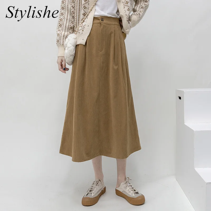 Vintage Khaki Long Skirt Autumn 2022 A Line High Waist Corduroy Midi