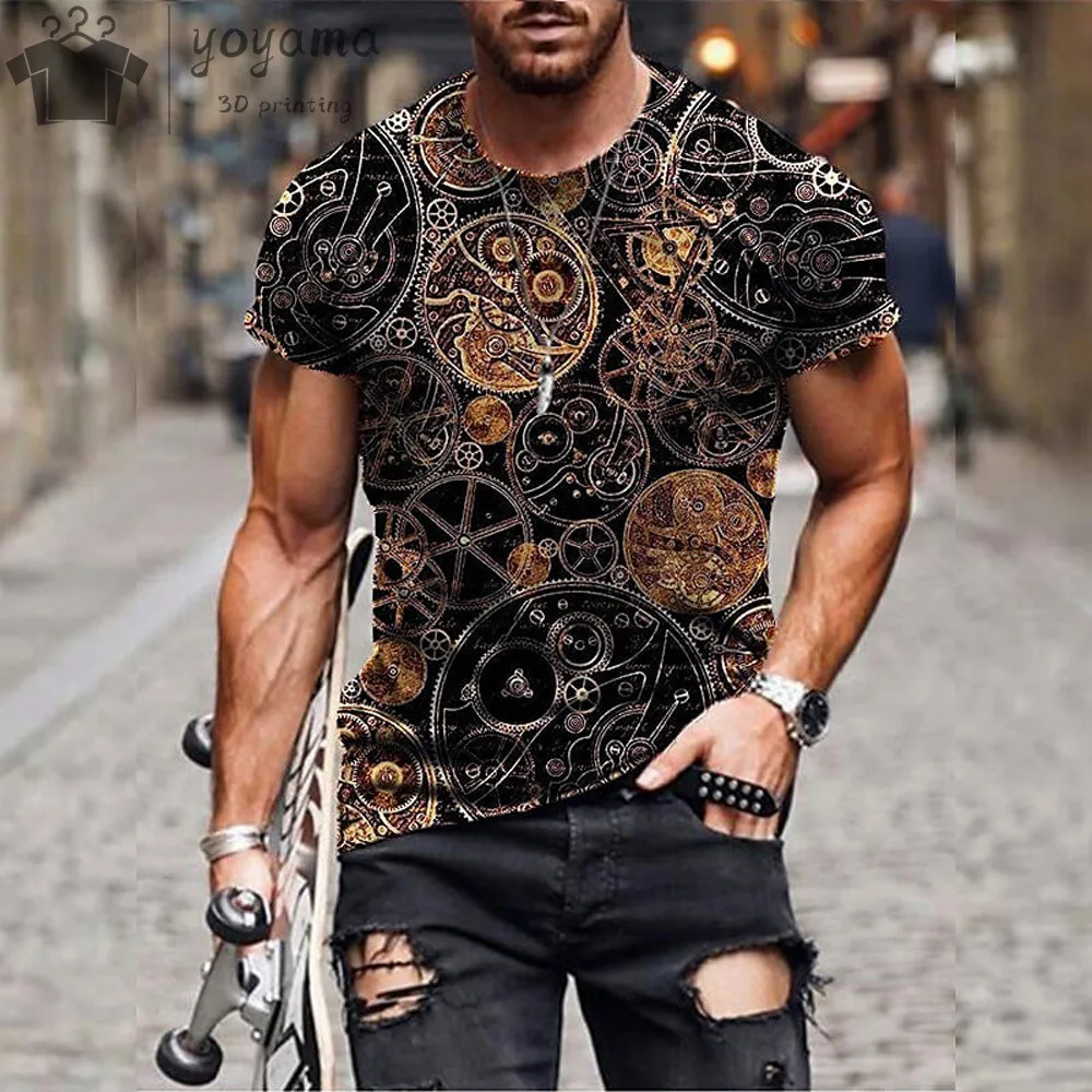 

Men's Breathable Fitness Sports Short Sleeve Vintage Casual Patchwork Elements 3d Printed T-Shirt Summer Men Top O-Neck T Shirt
