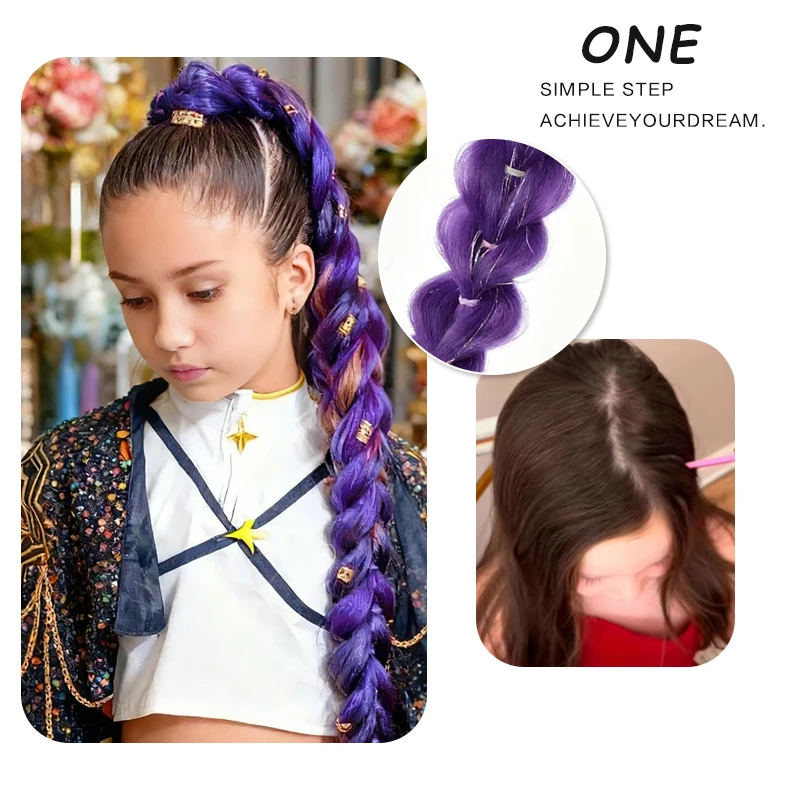LUPU 32inch Purple Synthetic Braided Wig With Elastic Band and Shiny Colored Tinsel Ponytail, Suitable for Girls'  Hairstyle
