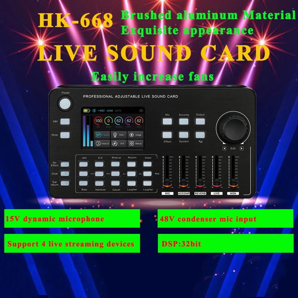 Hk-668 Live Sound Card Profeeional Podcast Equipment Dj Audio Sound Mixer Voice Changer Live Streaming Game Canto Record